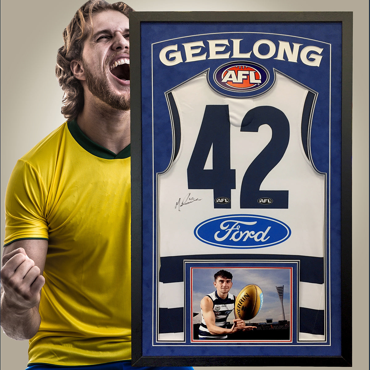 Aussie Rules Jersey Frame - with bordeaux blue suedette mount