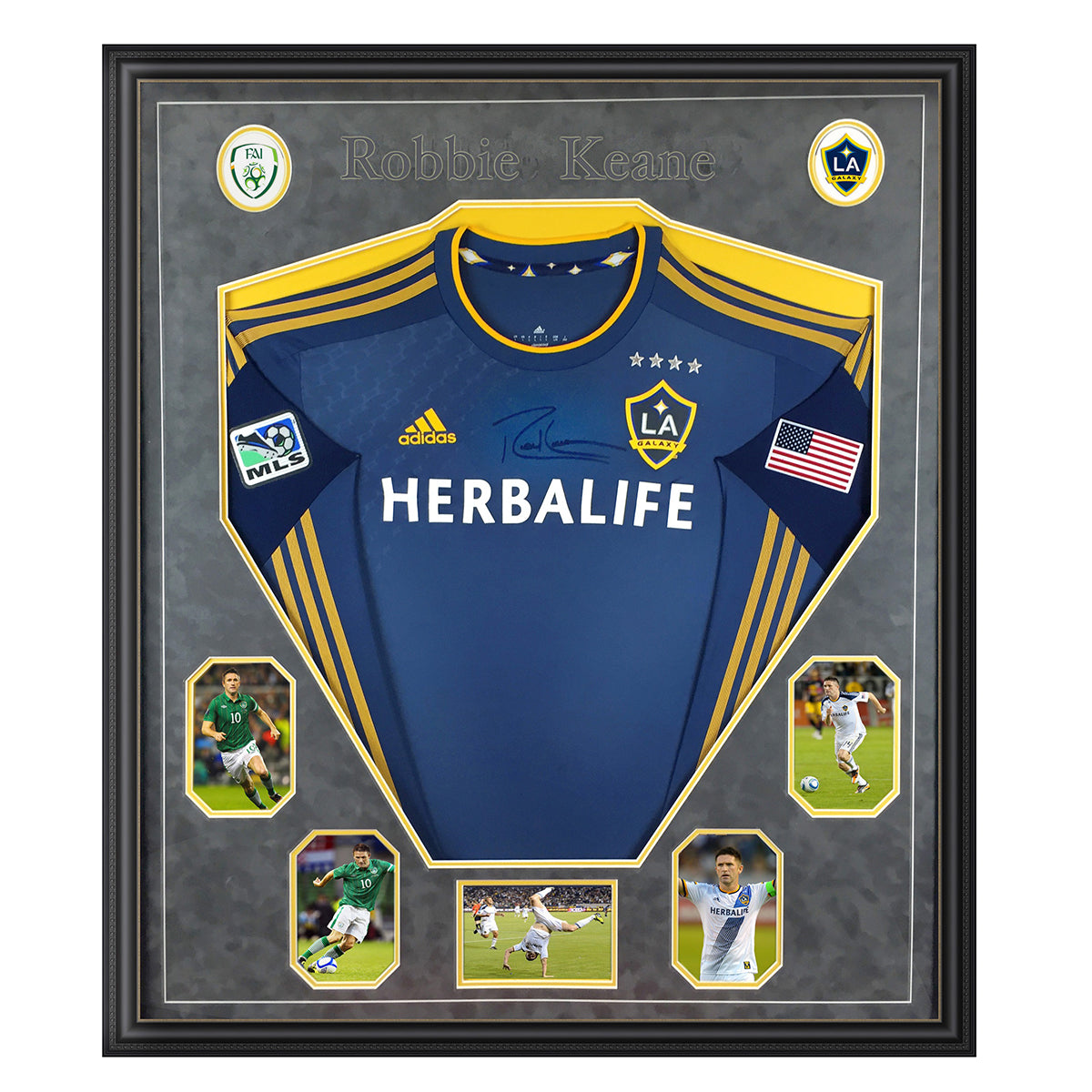 LA Galaxy jersey frame - with logos, etc in suedette grey