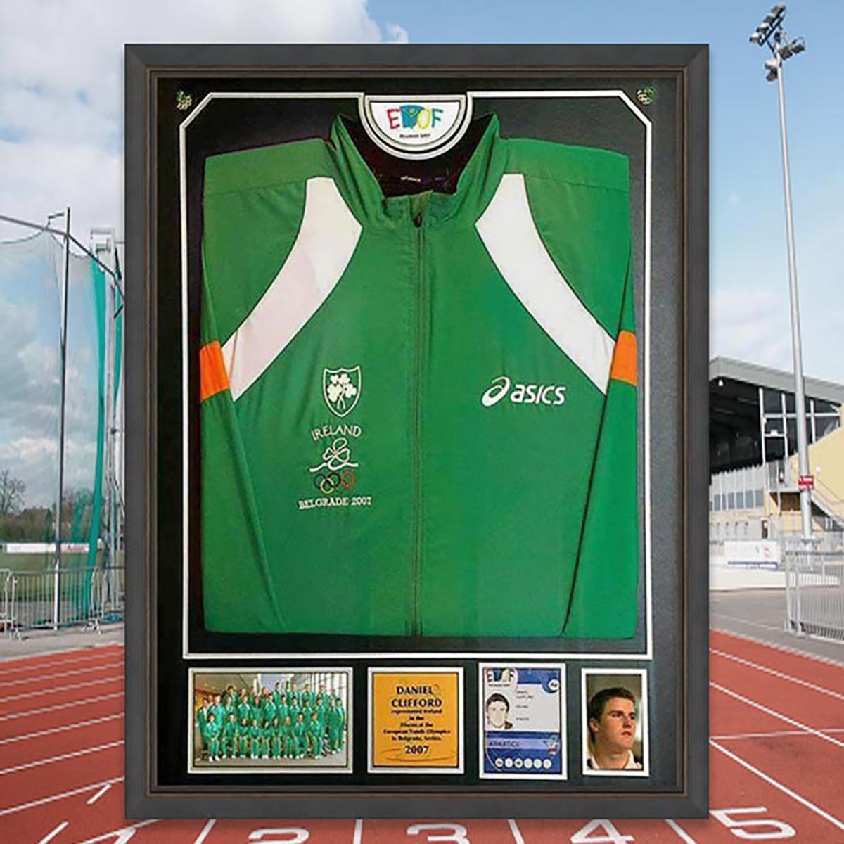 International Athletics Kit framed - with pics, pins & games logo