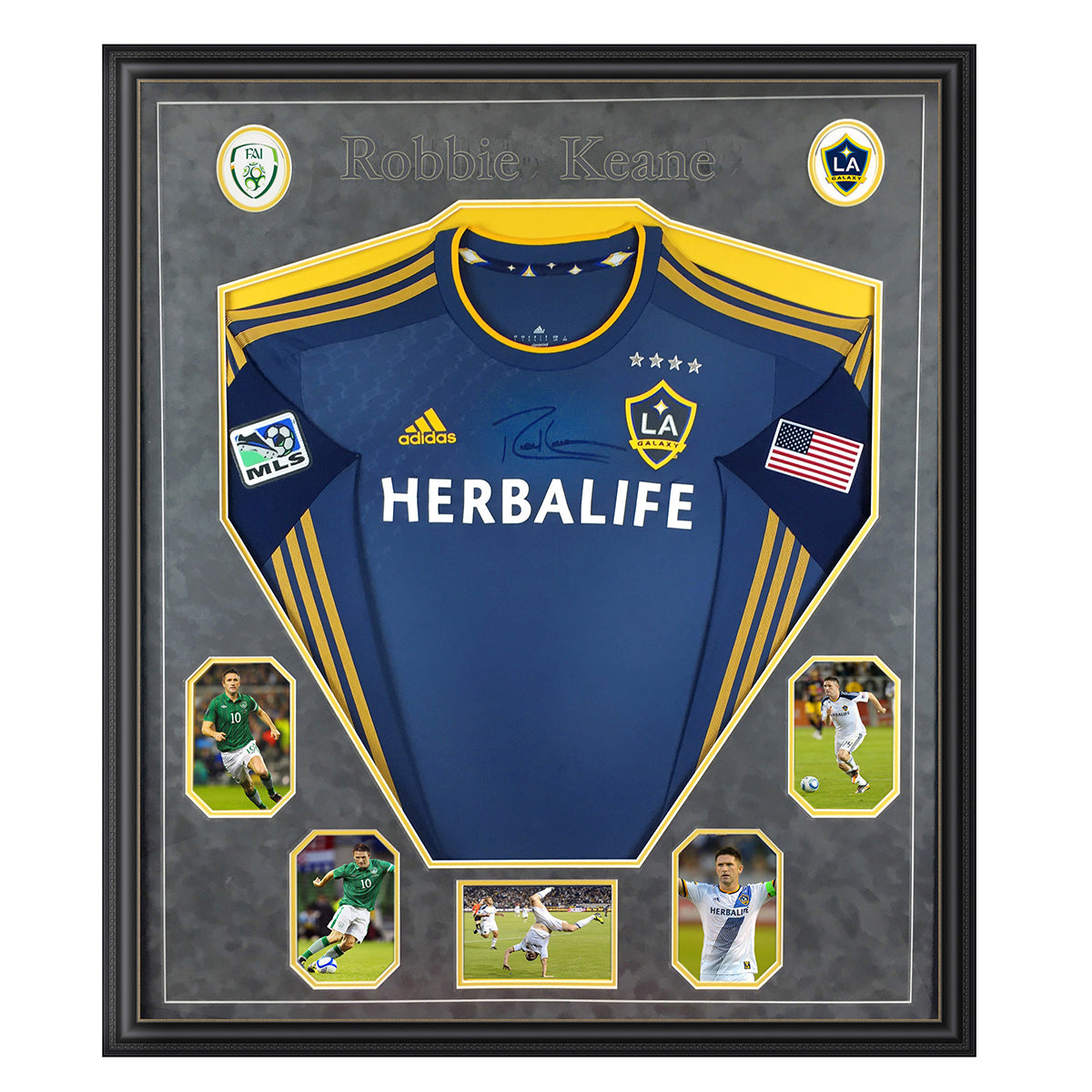 LA Galaxy jersey frame - with logos, etc in suedette grey 