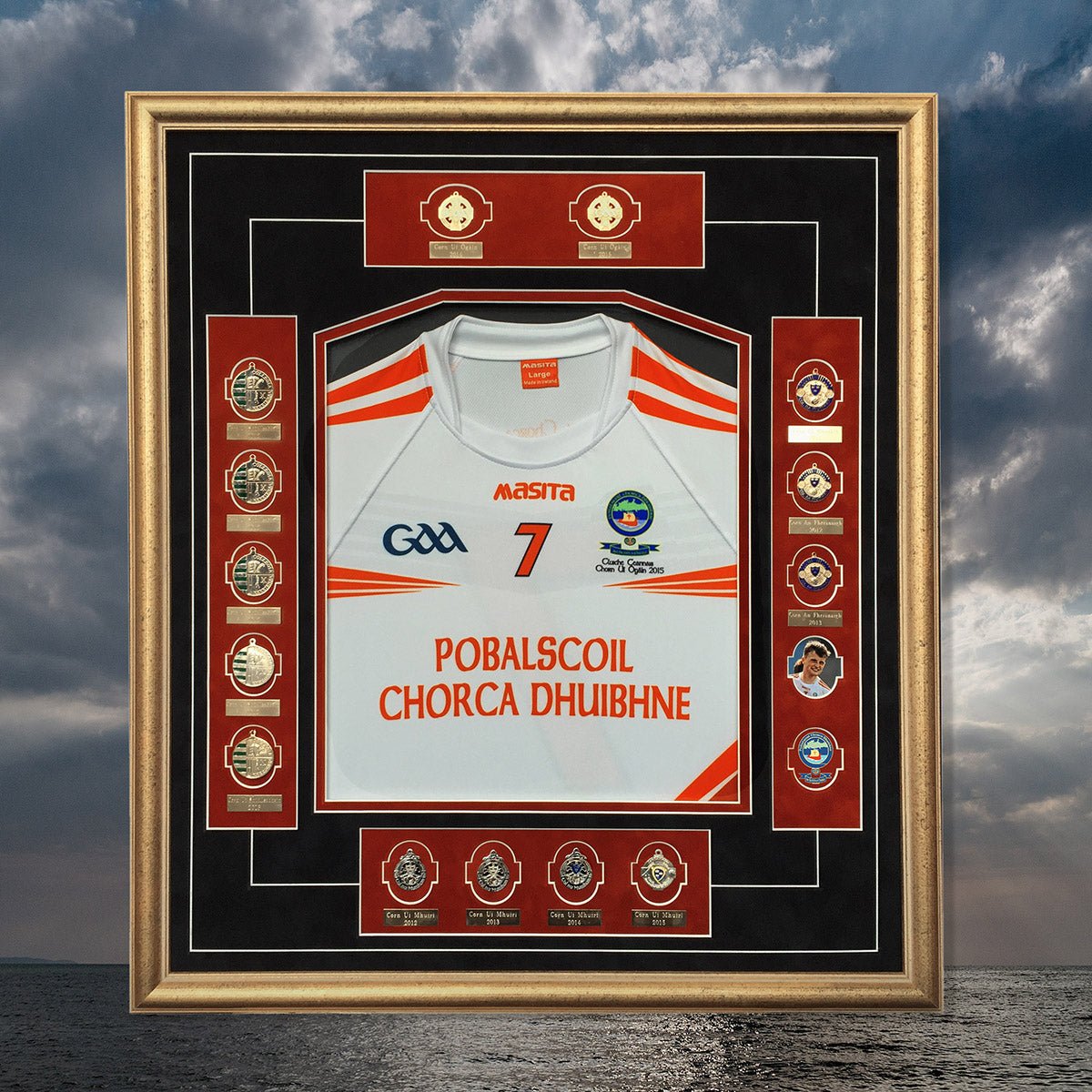 Dingle School Jersey Frame- with colleges football medals