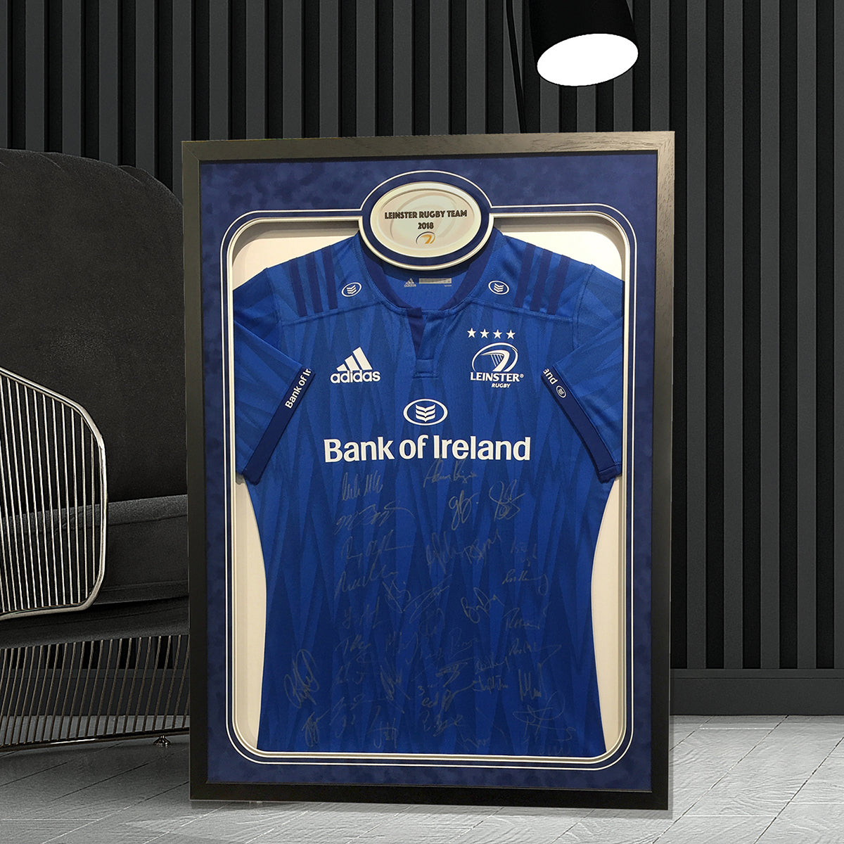 Leinster signed Rugby Jersey Frame - with neckline graphic