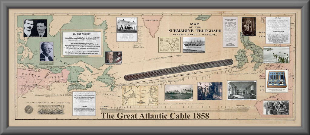 Original Atlantic Steel Cable dated 1958 laid from Valentia Is. to the USA (old map as backround) - The Quality Framing Company & Imaging Services