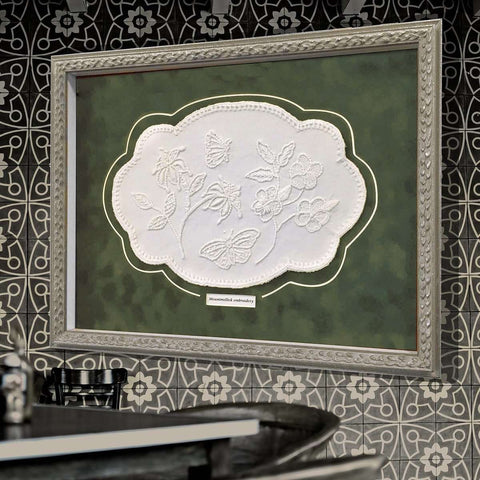 Mountmellick Embroidery for Mary (who "wanted to give something I could'nt get in the shops" to her family doctor) - The Quality Framing Company & Imaging Services